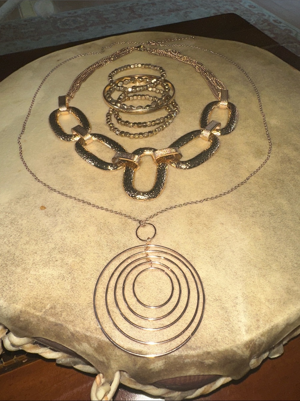 Gold-Tone Statement Necklace with Layered Hoop Pendant